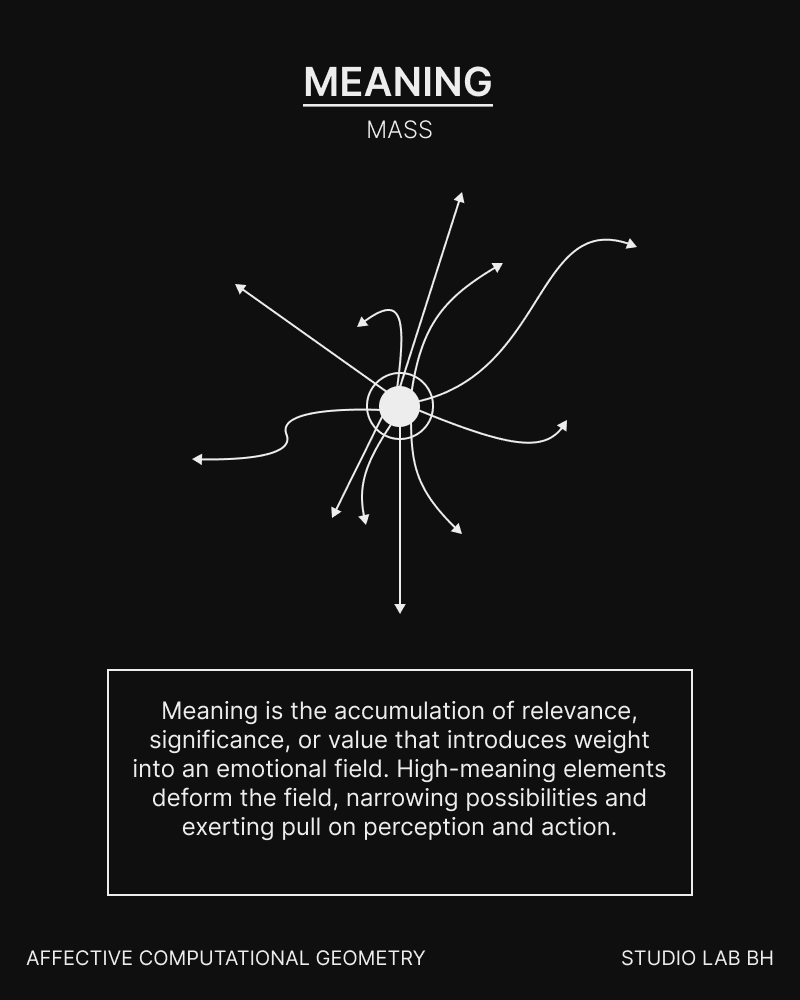 Curved paths radiate from a central mass. Meaning introduces weight into an emotional field, exerting pull on perception and action.