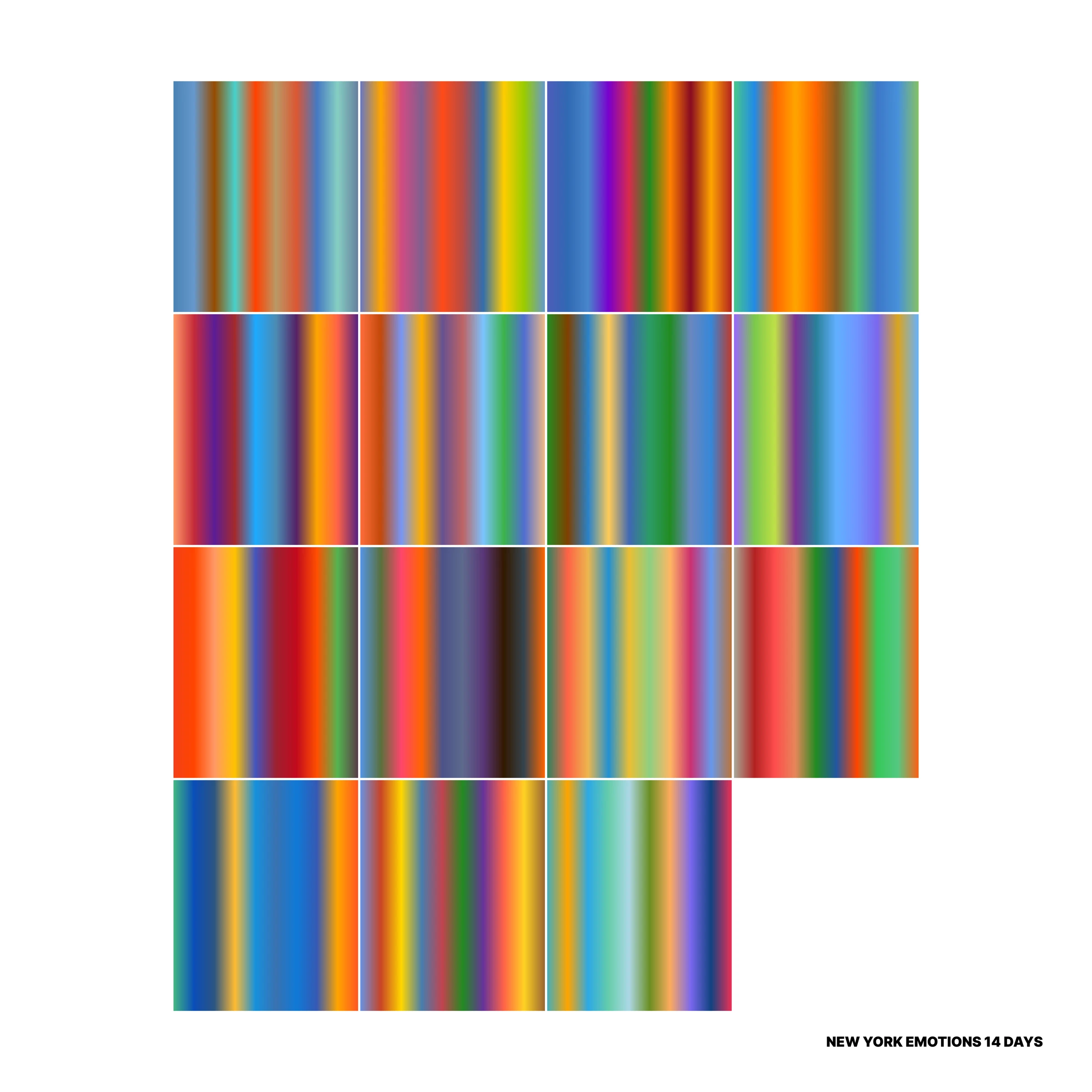 A white archival plate of multicolored vertical fields, titled New York Emotions 14 Days.