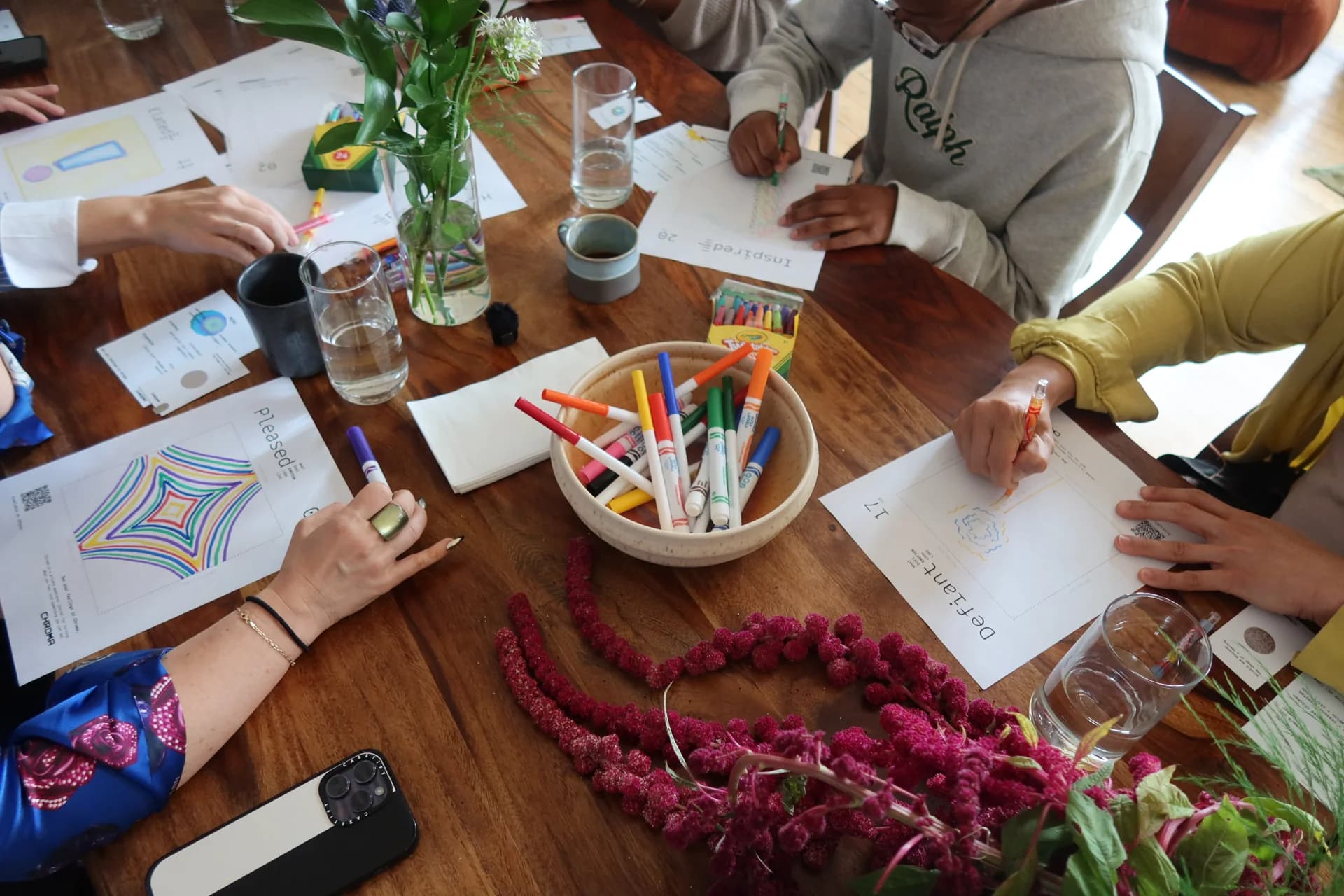 Participants draw responses to emotion prompts, including Pleased, Inspired, and Defiant.