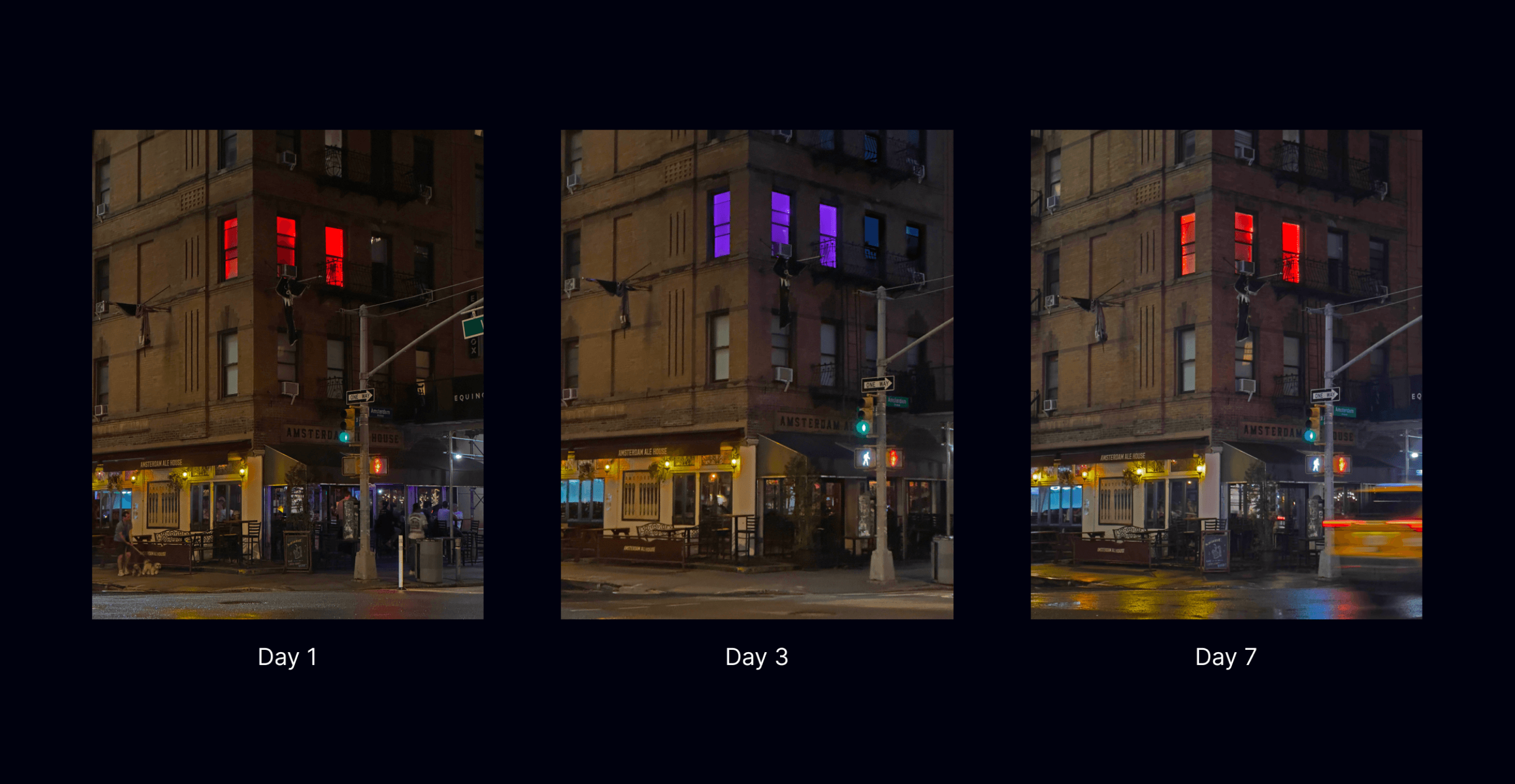 The installation from the street. Three colored windows broadcast a daily feeling as light.